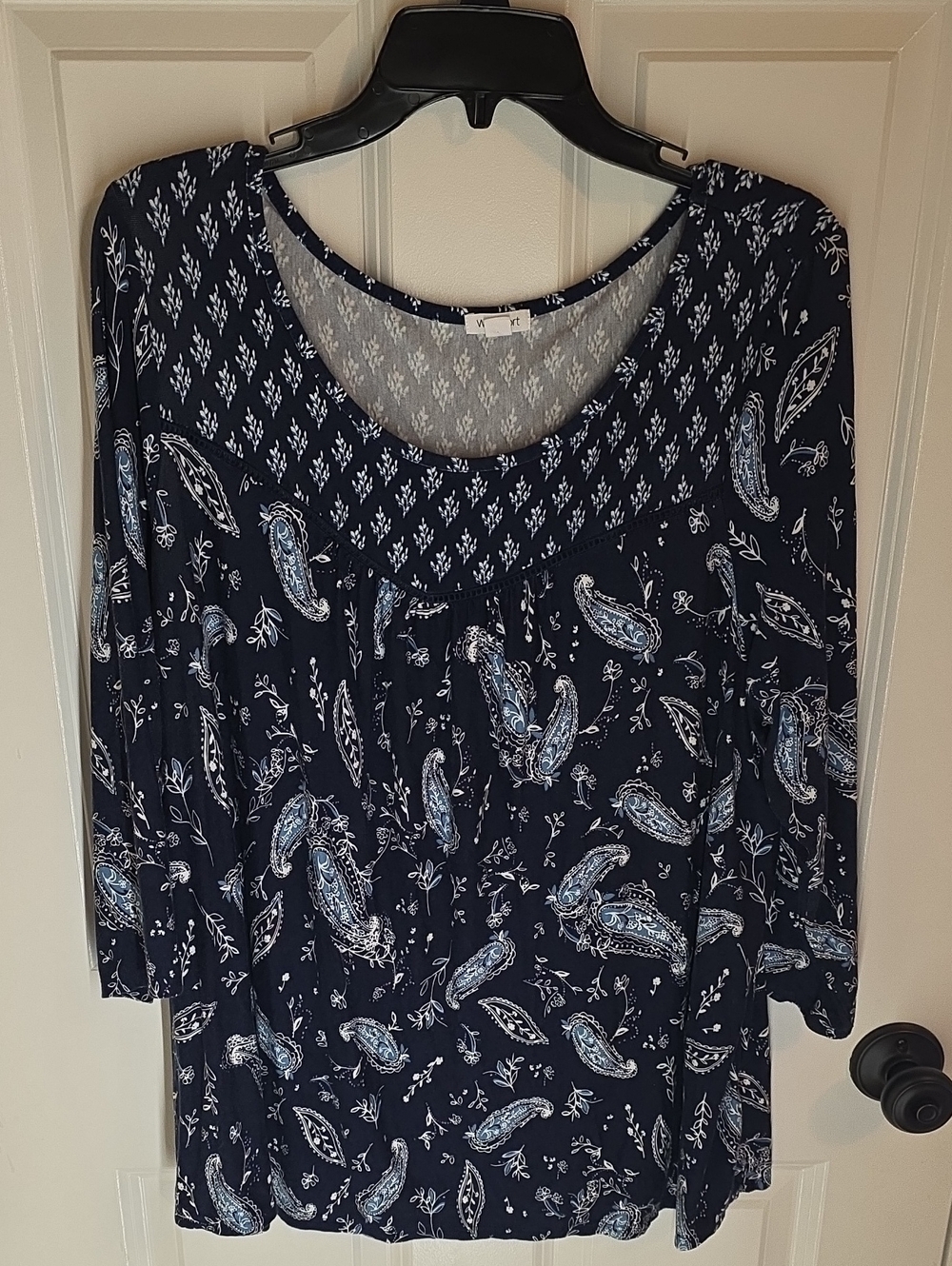 Westport Navy Blue Paisley Scoop-Neck Long Sleeve Top